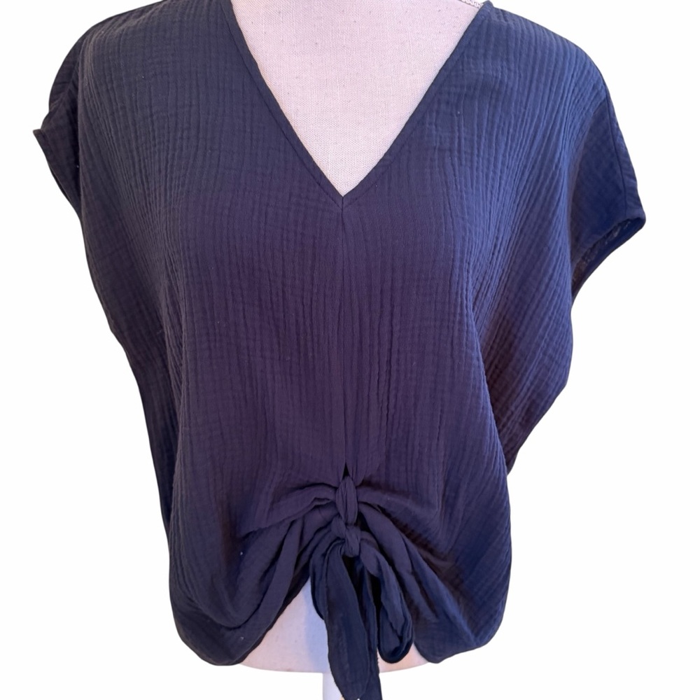 Style U Navy Blue Cotton Gauze  V-Neck Tie-Front Top L